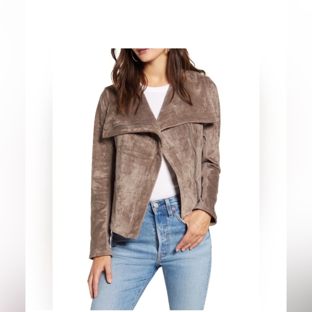 Blank NYC Faux Suede Taupe Zip Up Moto Jacket Women's Fold Up Collar‎ size S